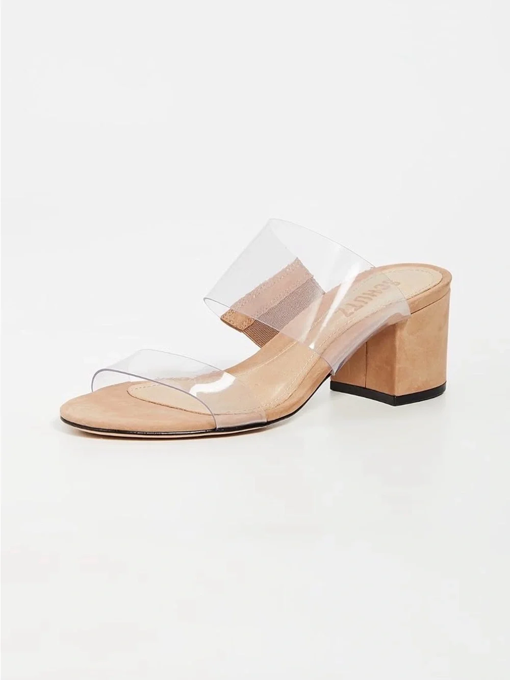 SCHUTZ Victorie Slides - Clear Double-Strap Sandal with Tan Suede Block Heel